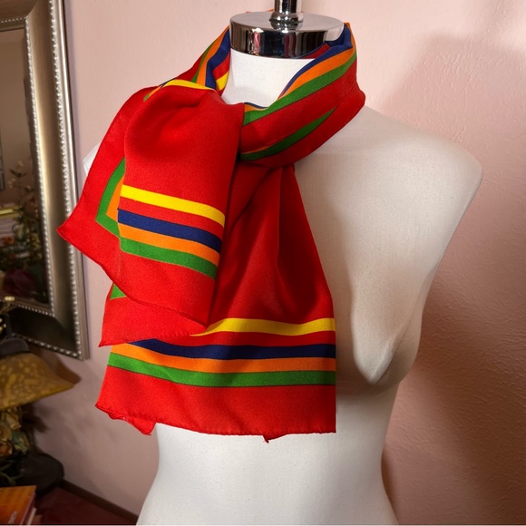 Vintage 70 80 Red MOD Rainbow Preppy Stripe Rectangle Bow Neck Scarf - Picture 14 of 17